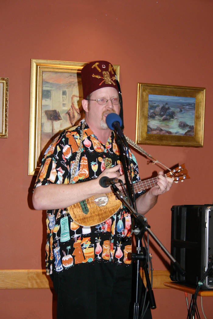 Tiki King playing Ukulele at Borders 4