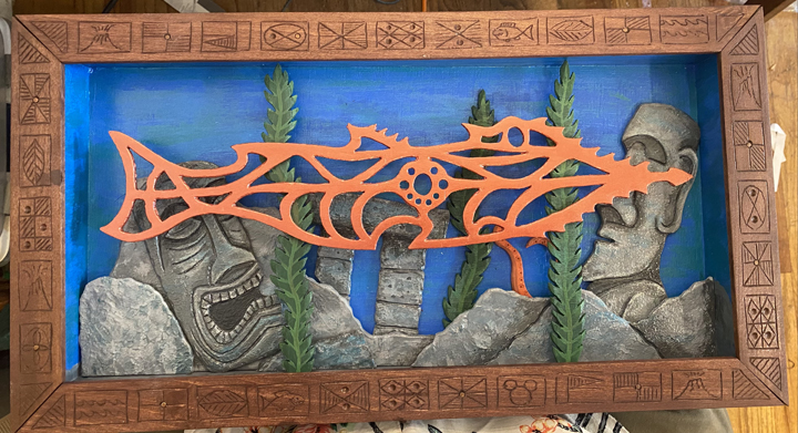 fire fish natulius in the submarine lagoon,  mixed media by Tiki King