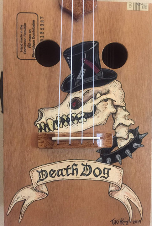 death dog tattoo cigarbox Ukulele detail