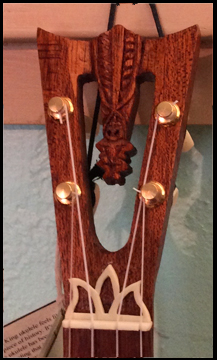 F hole concert Ukulele, headstock detail, Built by Tiki King, 2016