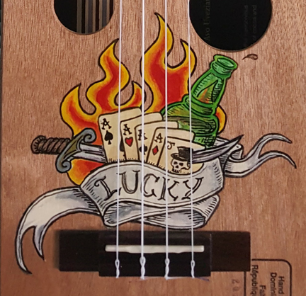 lucky 2 tattoo cigarbox Ukulele detail