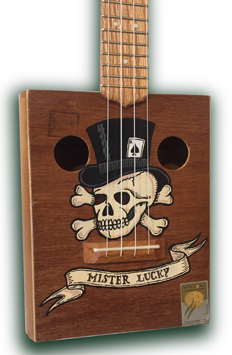 lucky 2 tattoo cigarbox Ukulele detail