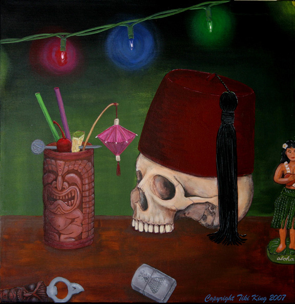 Skull with Fez 2, a painting by Tiki King
