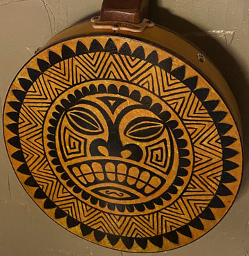 sun god tiki inspired Banjo Uke detail by Tiki King, from: www.tikiking.com