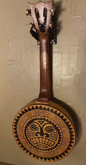 sun god tiki inspired Banjo Uke detail by Tiki King, from: www.tikiking.com