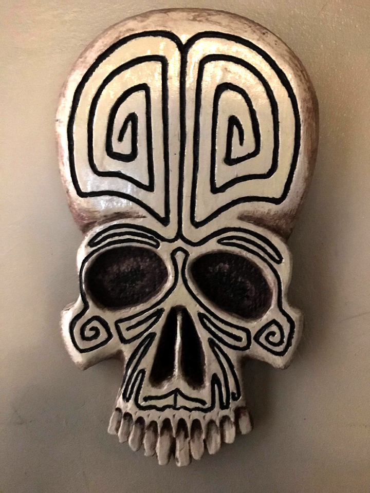 tattoo pine skull wall carving by Tiki King