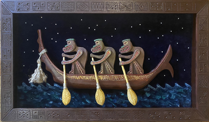 Enchanted Tiki Canoe, mixed media art by Tiki King