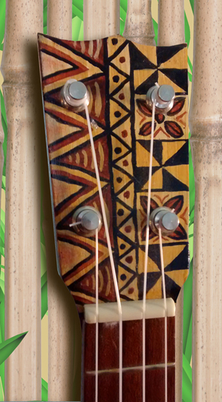 tapa design ukulele headstock on solid body tiki ukulele #3 by Tiki King