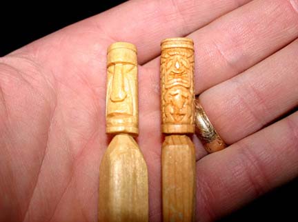  tiny tiki mugs, carved by Tiki King