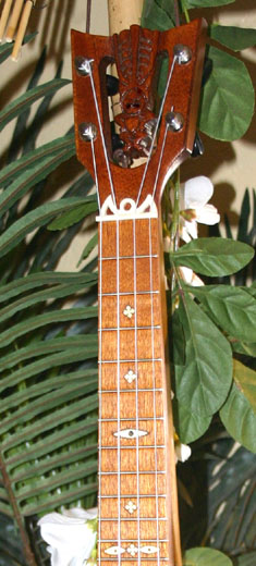 Tiki King custom Traditional Koa Concert Ukulele #2, head and fretboard detail