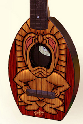 Close up of tiki Flea Ukulele by Tiki King