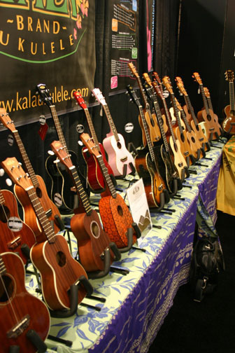 A row of Kala Ukuleles at the NAMM Show January 17th-18th 2008 in Anaheim, CA.