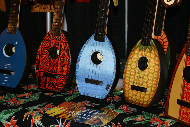 A line up of Flea Ukuleles at the NAMM Show January 16th-19th 2008 in Anaheim, CA.