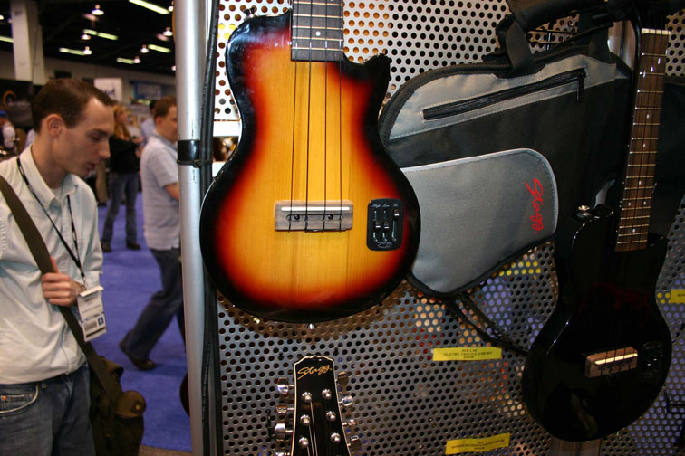 Close-up of solid body electric Ukuleles from Stagg at the NAMM Show January 16th-19th 2008 in Anaheim, CA.